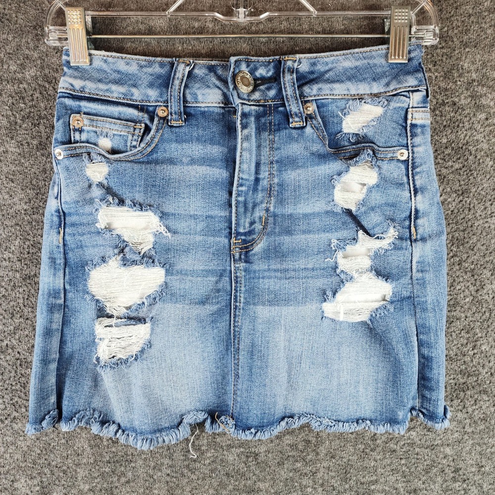 American Eagle Skirt Womens 2 Ne(x)t Level Stretch Blue Distressed Mini EUC